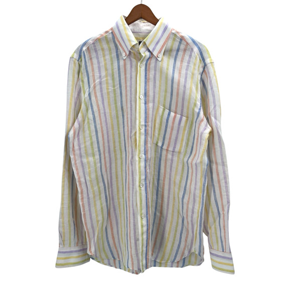 Kashani Pastel Striped 100% Linen Long Sleeve Button Down Shirt Mens